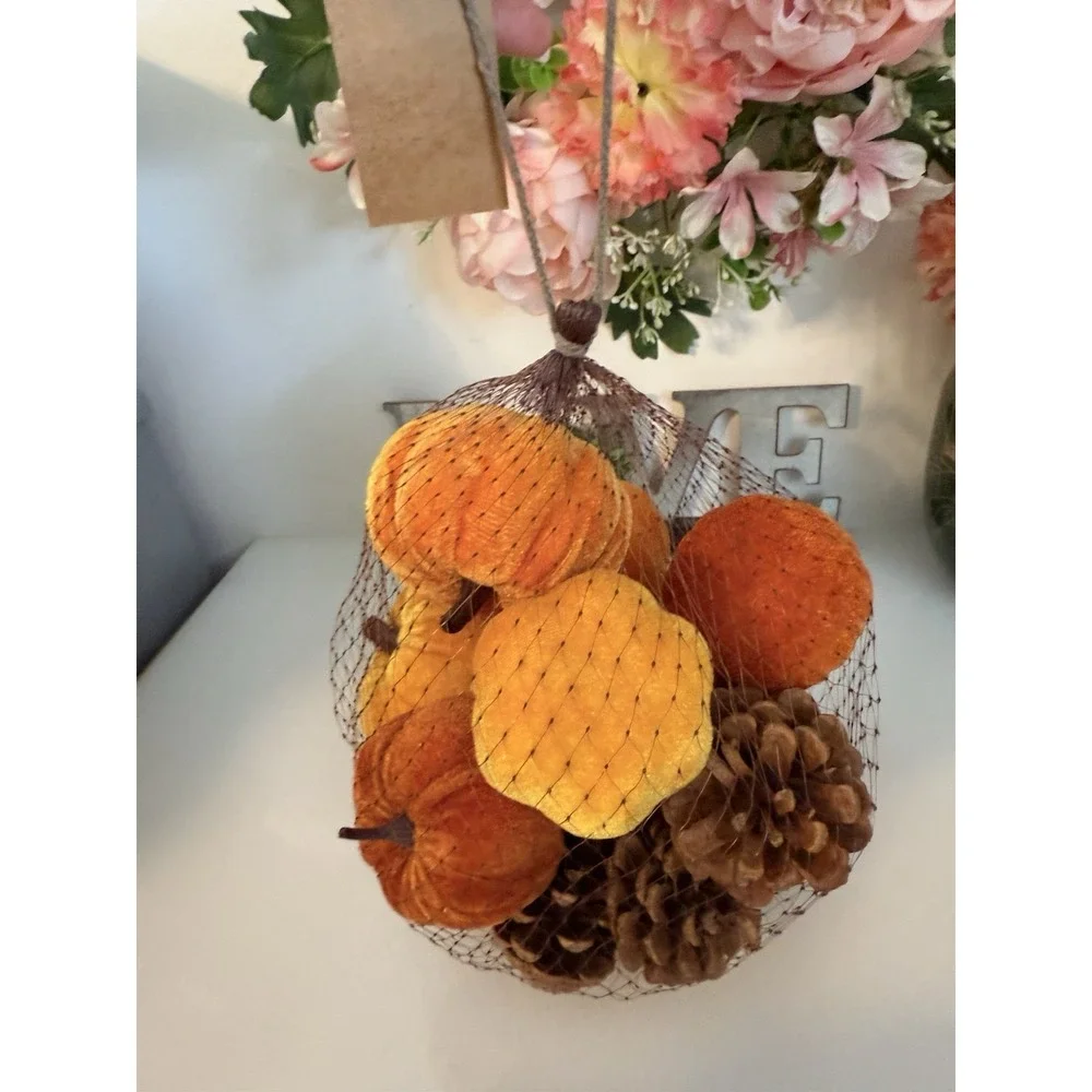 Fall 16 Pcs Velvet Pumpkin and Pinecones Net Bag Decoration Set Assort Sizes New